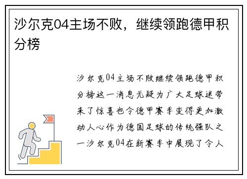 沙尔克04主场不败，继续领跑德甲积分榜